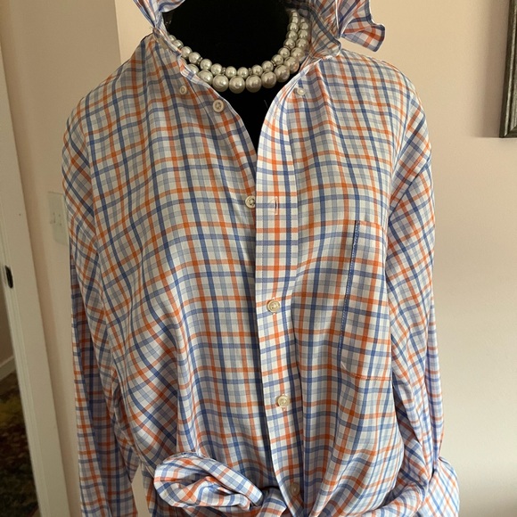 Chaps Orange & Blue Plaid Ruffled Collar Button-Up Blouse - Picture 3 of 4